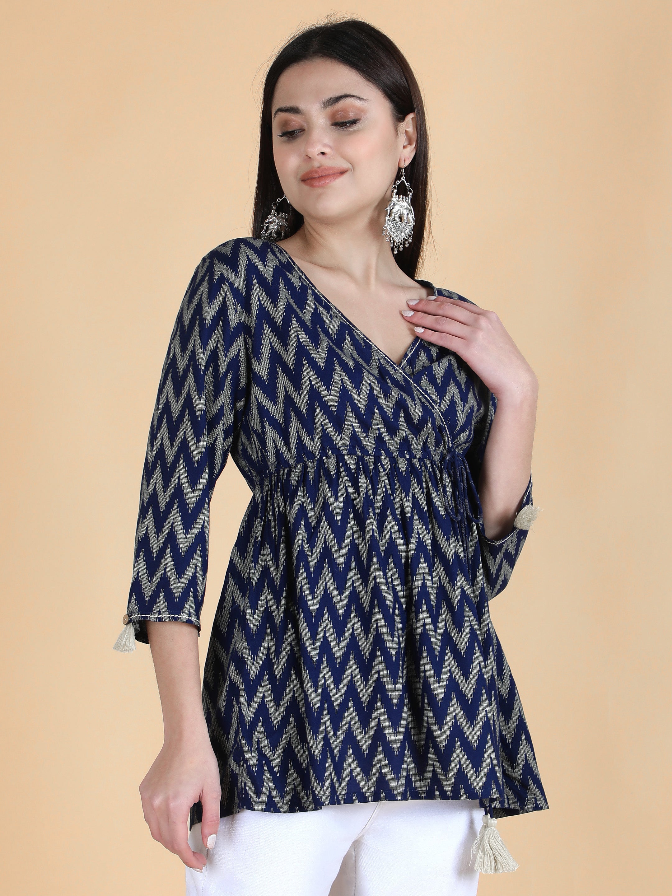 Blue Viscose Printed Short Angrakha Top
